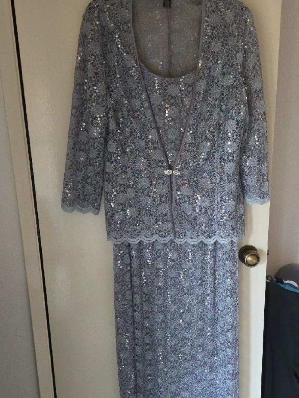 R&M Richards Silver Sequin Lace Maxi Dress With Elegant Clasp Jacket